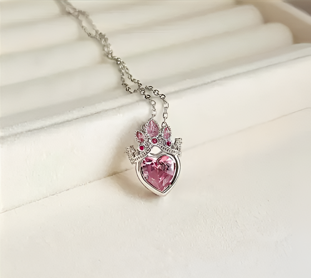 Crowned Pink Heart Crystal Pendant Necklace for Women – Silver Romantic Jewelry | SAHARA SPARKLE