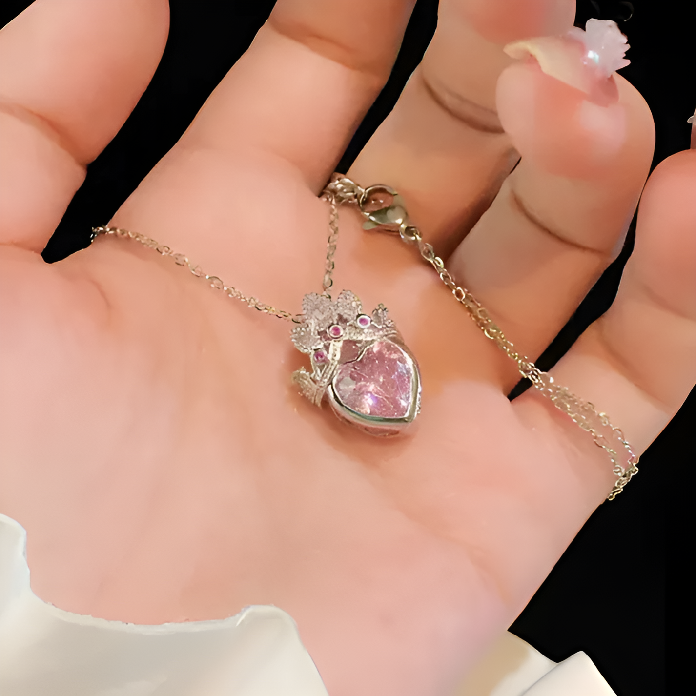 Crowned Pink Heart Crystal Pendant Necklace for Women – Silver Romantic Jewelry | SAHARA SPARKLE