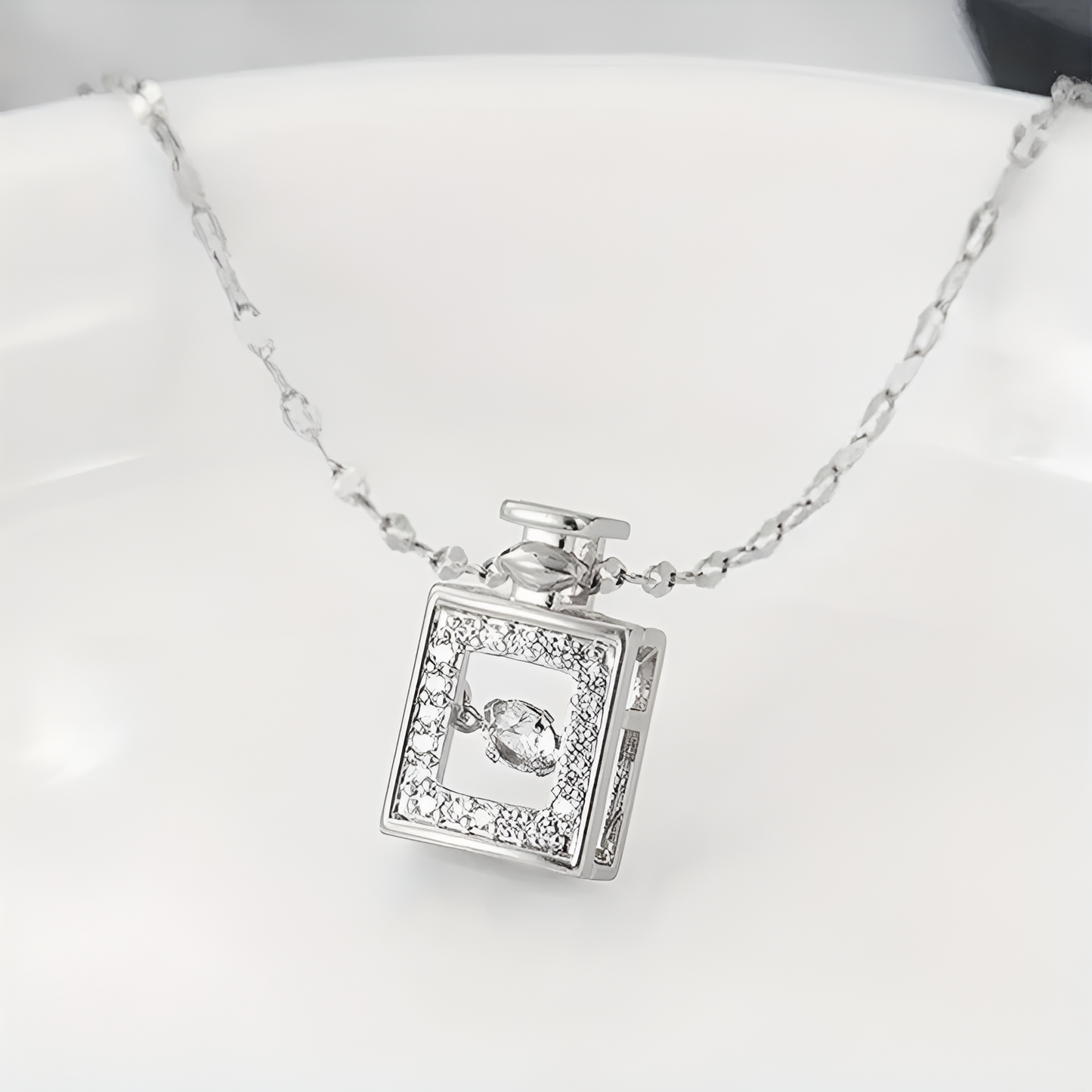 Elegant Crystal Perfume Bottle Pendant – Silver-Plated Minimalist Jewelry | SAHARA SPARKLE