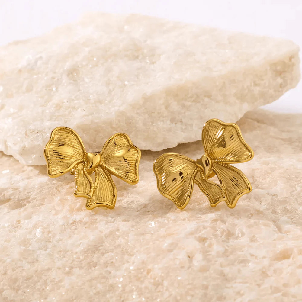 Textured Gold Bow Earrings– Bold Statement Studs with Heart Center | SAHARA SPARKLE
