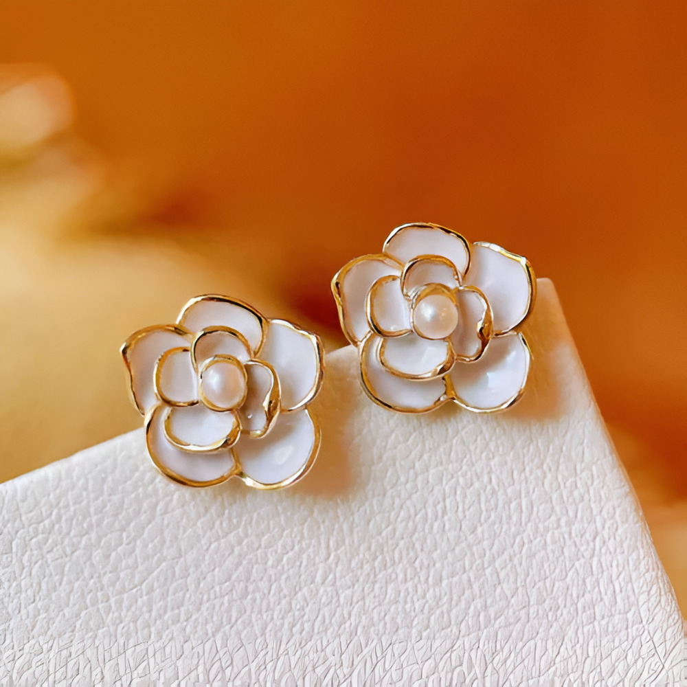 Pearl Bloom Earrings - Elegant Floral Dangle Earrings with Gold Accents & Pearl Center