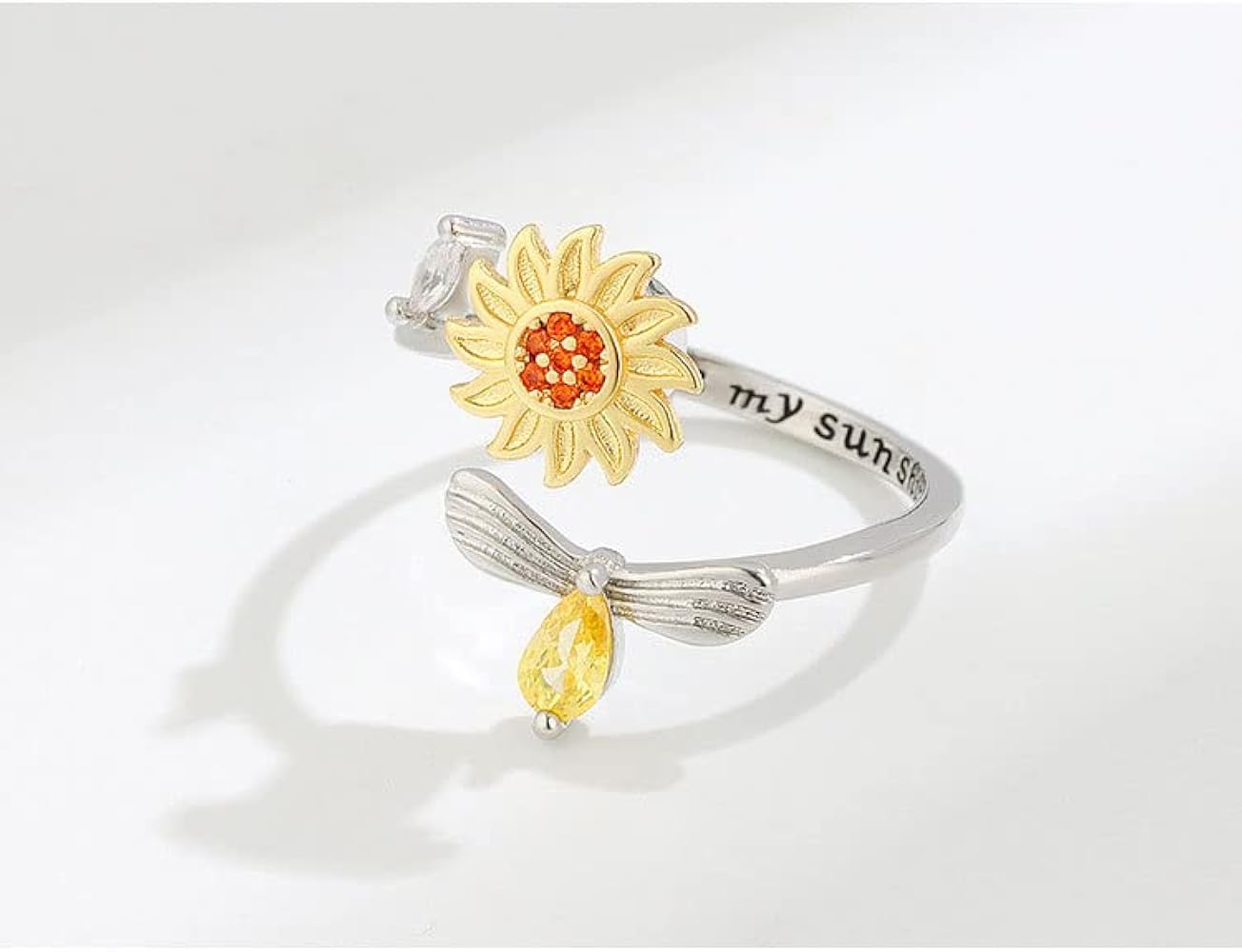 Sunflower & Bee Adjustable Ring – Sterling Silver Finish Cute Nature-Inspired Jewelry | SAHARA SPARKLE