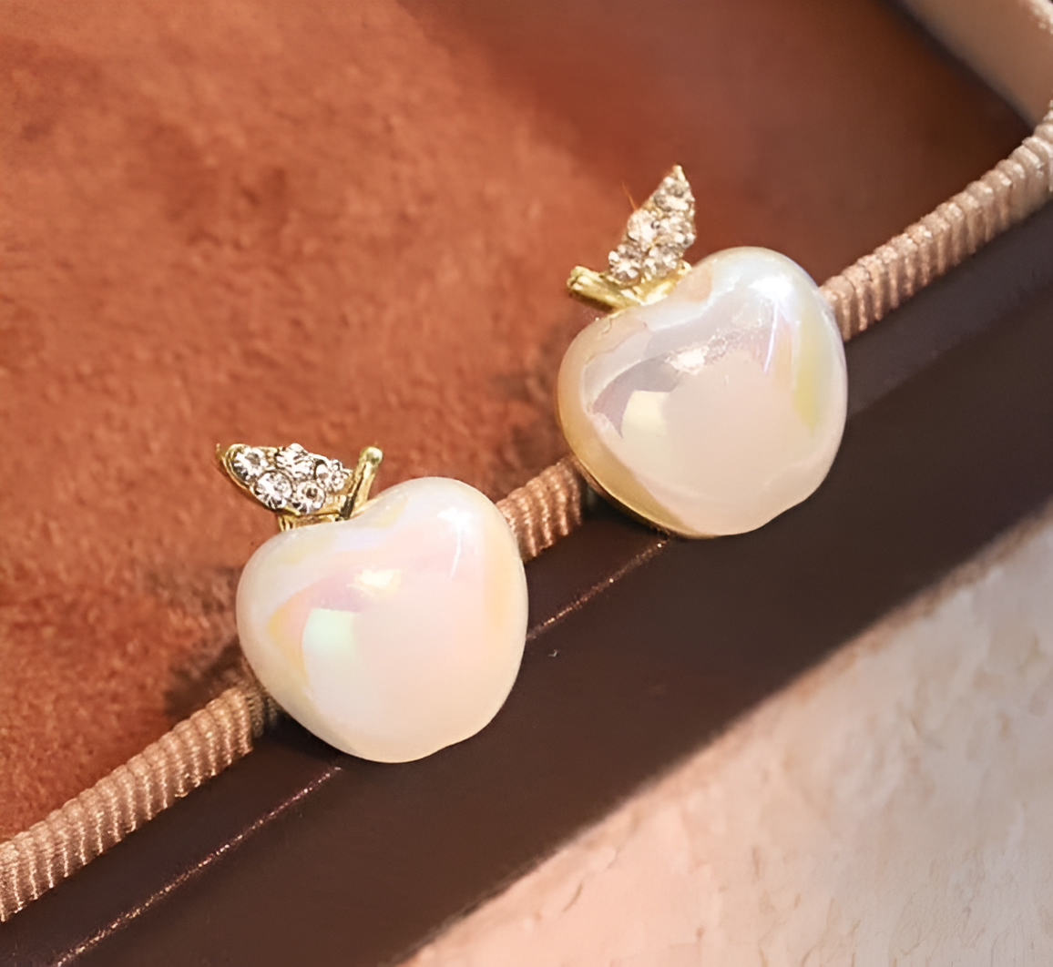 Glossy Enamel Apple Stud Earrings with Crystal Leaf – Cute Fruit-Inspired Everyday Jewelry