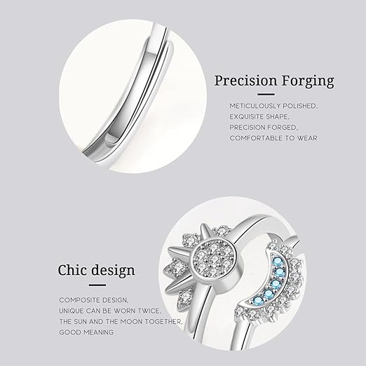 Celestial Sun & Moon Stackable Ring Set – Silver Crystal Sun & Blue Moon Ring for Women