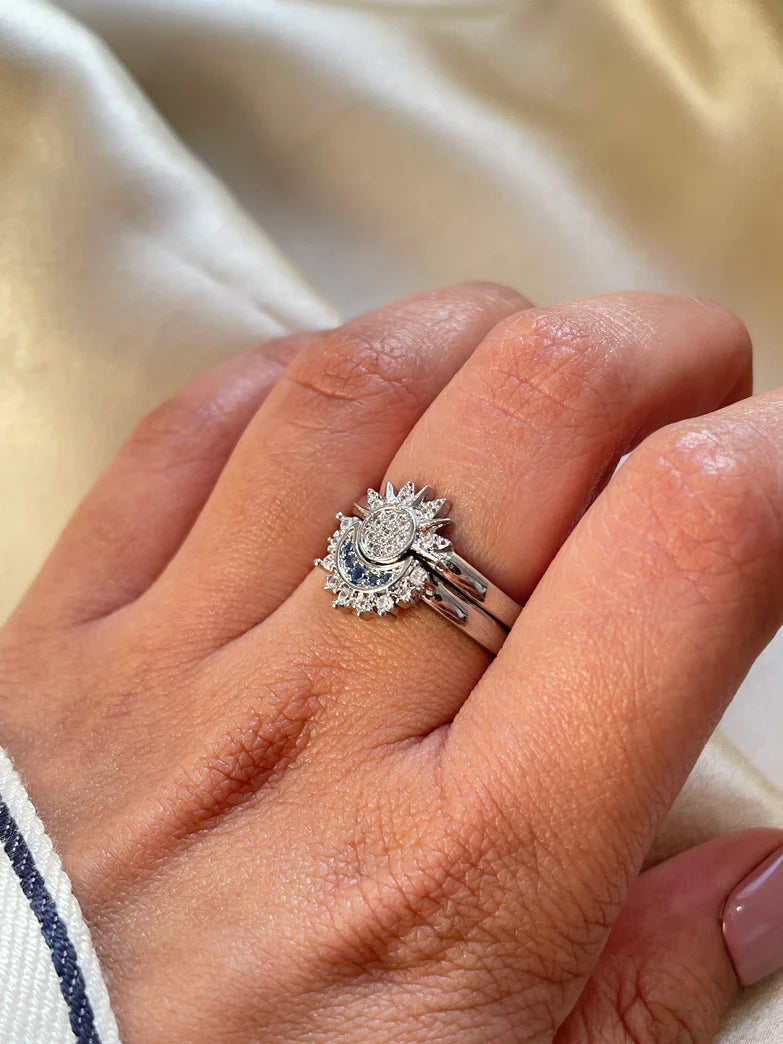 Celestial Sun & Moon Stackable Ring Set – Silver Crystal Sun & Blue Moon Ring for Women