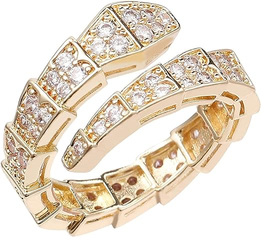 Gold snake ring with cubic zirconia stones, wrap style.
