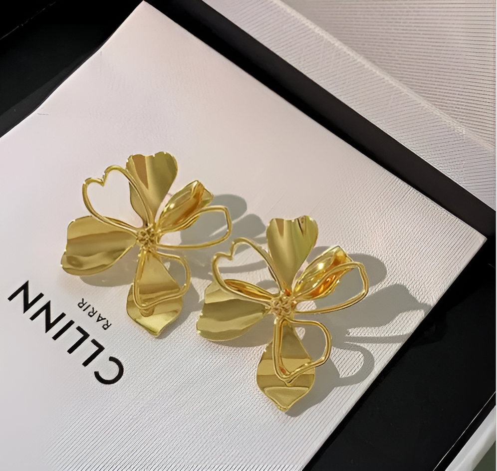 Gold Open Petal Flower Earrings for Women – Lightweight Artistic Floral Studs | SAHARA SPARKLE
