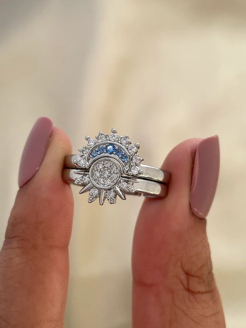 Celestial Sun & Moon Stackable Ring Set – Silver Crystal Sun & Blue Moon Ring for Women