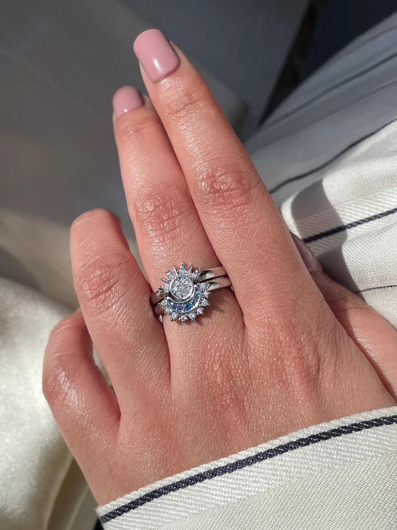 Celestial Sun & Moon Stackable Ring Set – Silver Crystal Sun & Blue Moon Ring for Women