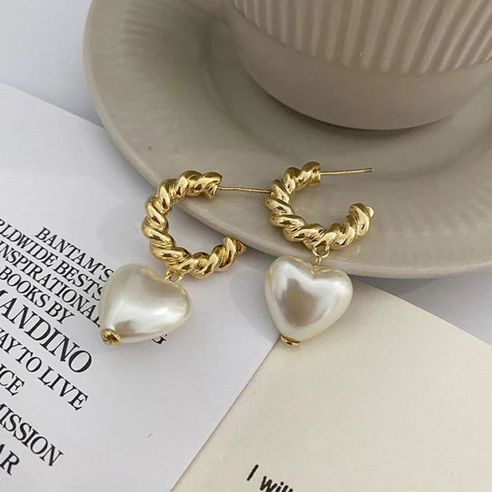 Twisted Hoop Earrings with Pearl Heart Drops – Statement Dangle Studs, Heart Charm Jewelry | SAHARA SPARKLE