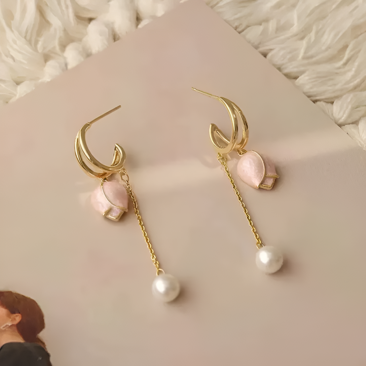 Gold Petal & Pearl Drop Earrings for Women – Dainty Pink Stone & Pearl Dangle Hoops