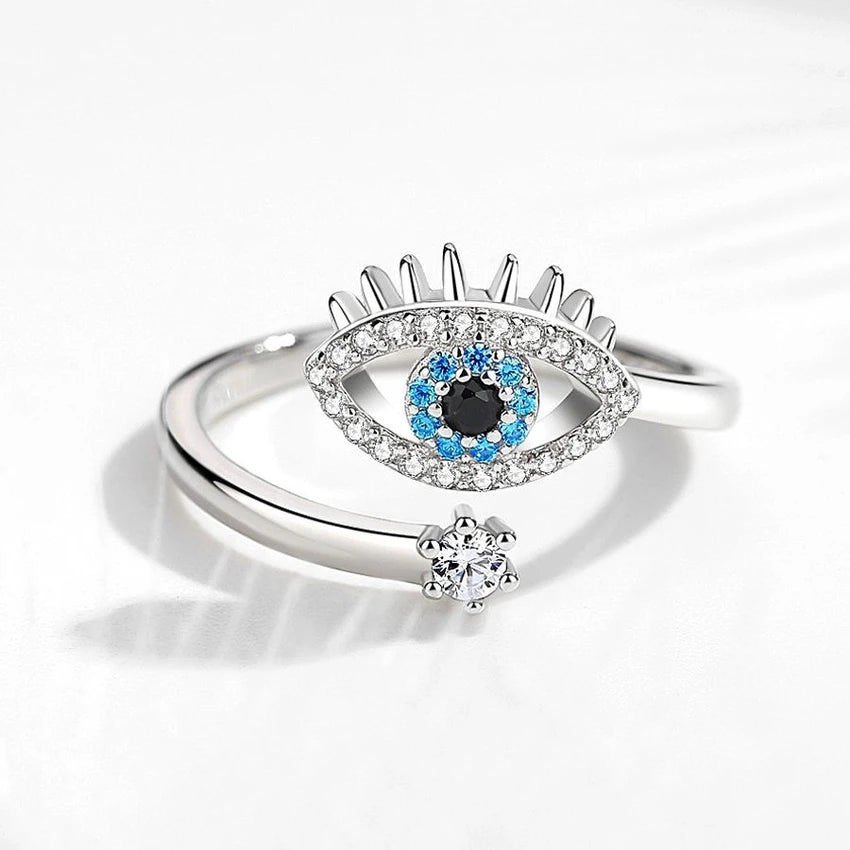 Silver Evil Eye Ring with Blue and Clear Accents