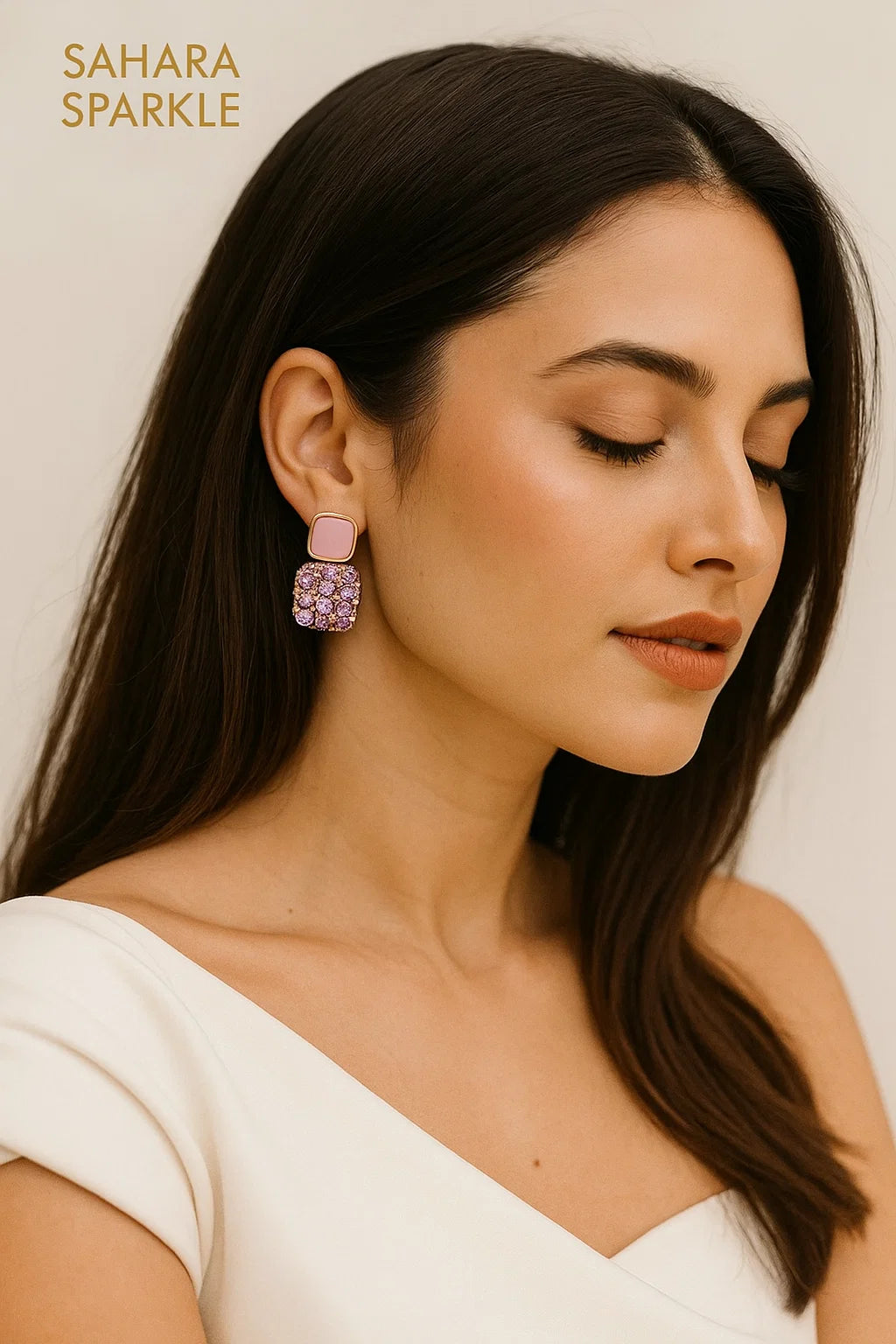 Purple enamel & crystal square drop earrings | SAHARA SPARKLE