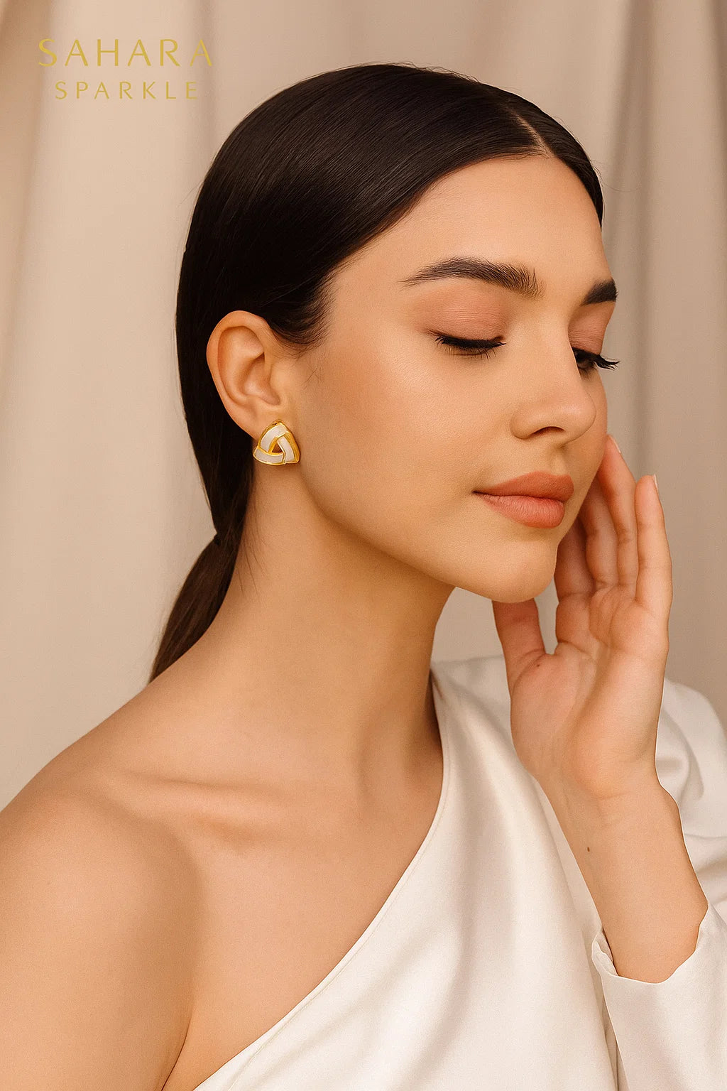 NEZE White Triangle Stud Earrings - Geometric Pearl-Like Finish | SAHARA SPARKLE