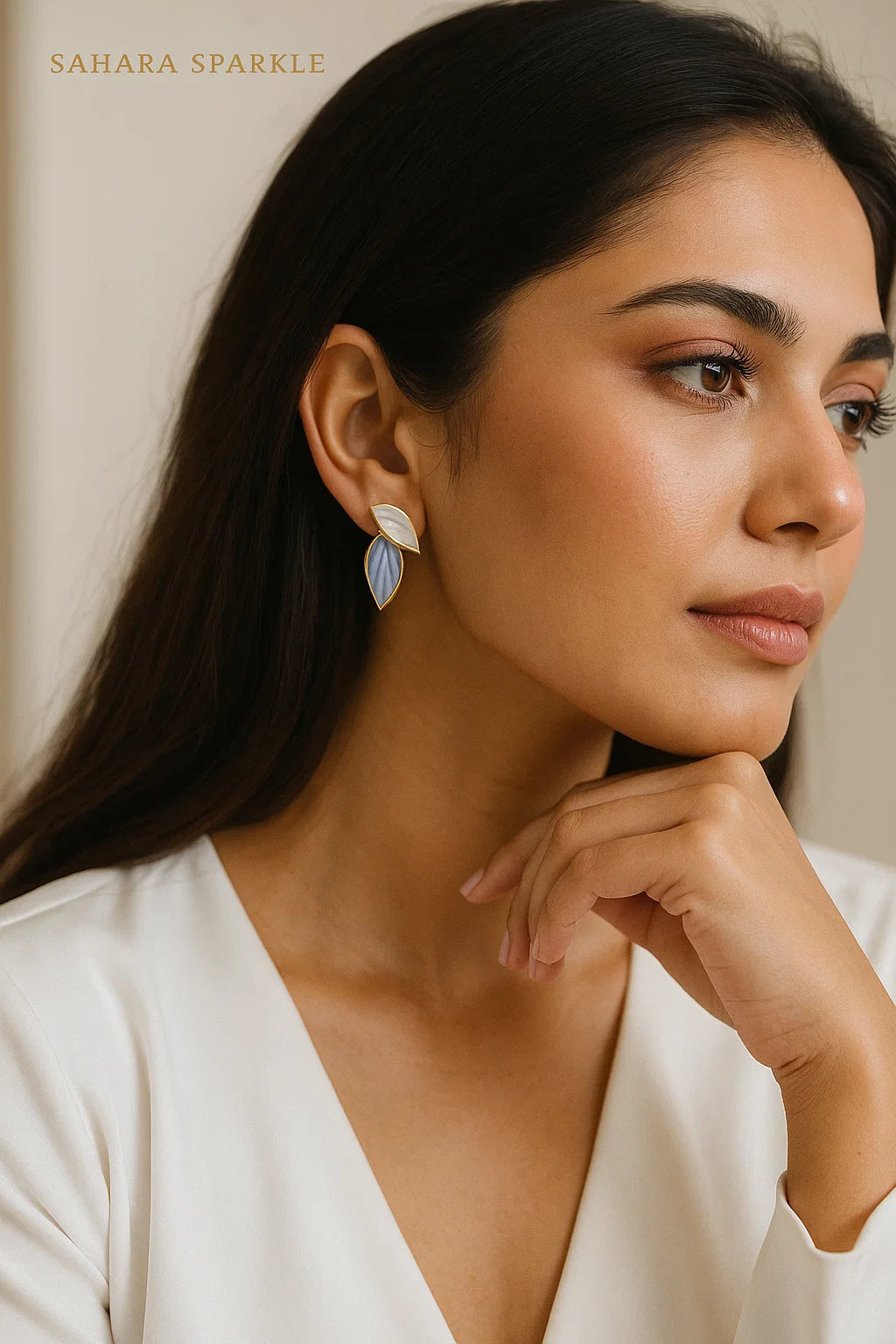 Dual-Tone Enamel Leaf Stud Earrings – Elegant Minimalist Jewelry for Women | SAHARA SPARKLE
