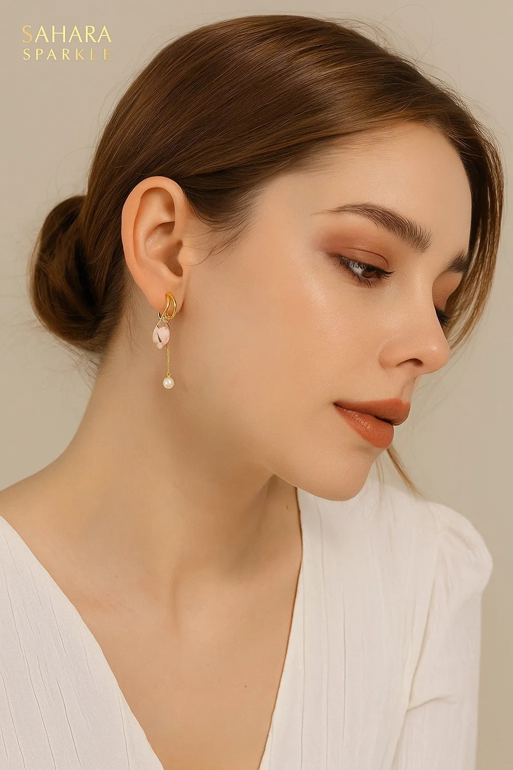 Gold Petal & Pearl Drop Earrings for Women – Dainty Pink Stone & Pearl Dangle Hoops