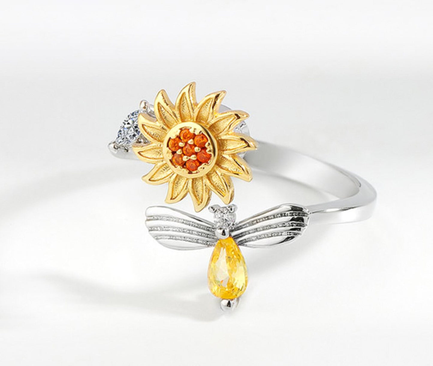 Sunflower & Bee Adjustable Ring – Sterling Silver Finish Cute Nature-Inspired Jewelry | SAHARA SPARKLE