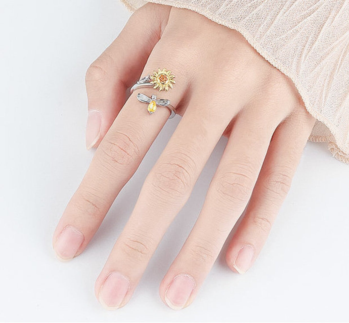 Sunflower & Bee Adjustable Ring – Sterling Silver Finish Cute Nature-Inspired Jewelry | SAHARA SPARKLE