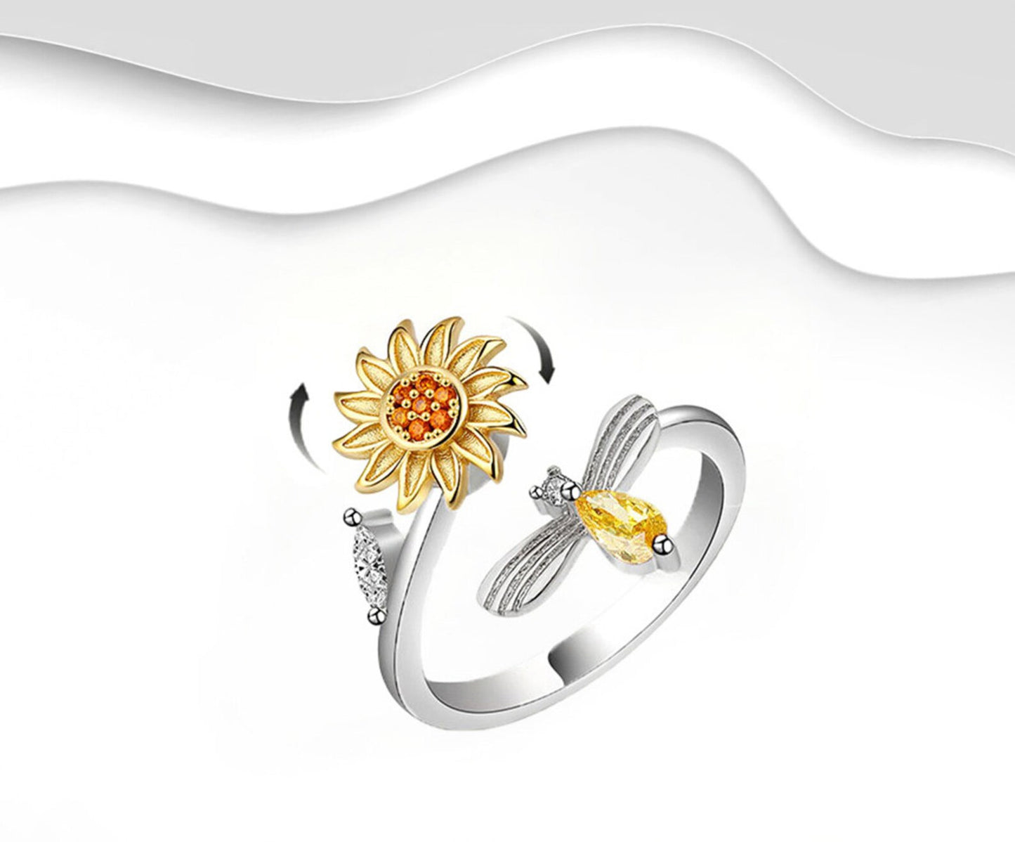 Sunflower & Bee Adjustable Ring – Sterling Silver Finish Cute Nature-Inspired Jewelry | SAHARA SPARKLE
