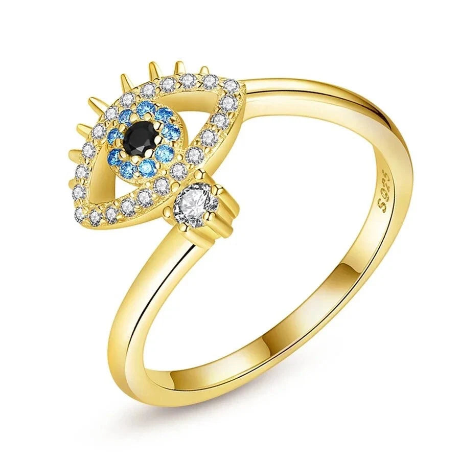 Gold Evil Eye Ring– Adjustable Dainty Protection Ring with Blue & White Crystals | SAHARA SPARKLE
