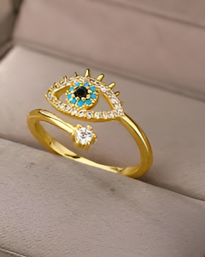 Gold Evil Eye Ring– Adjustable Dainty Protection Ring with Blue & White Crystals | SAHARA SPARKLE