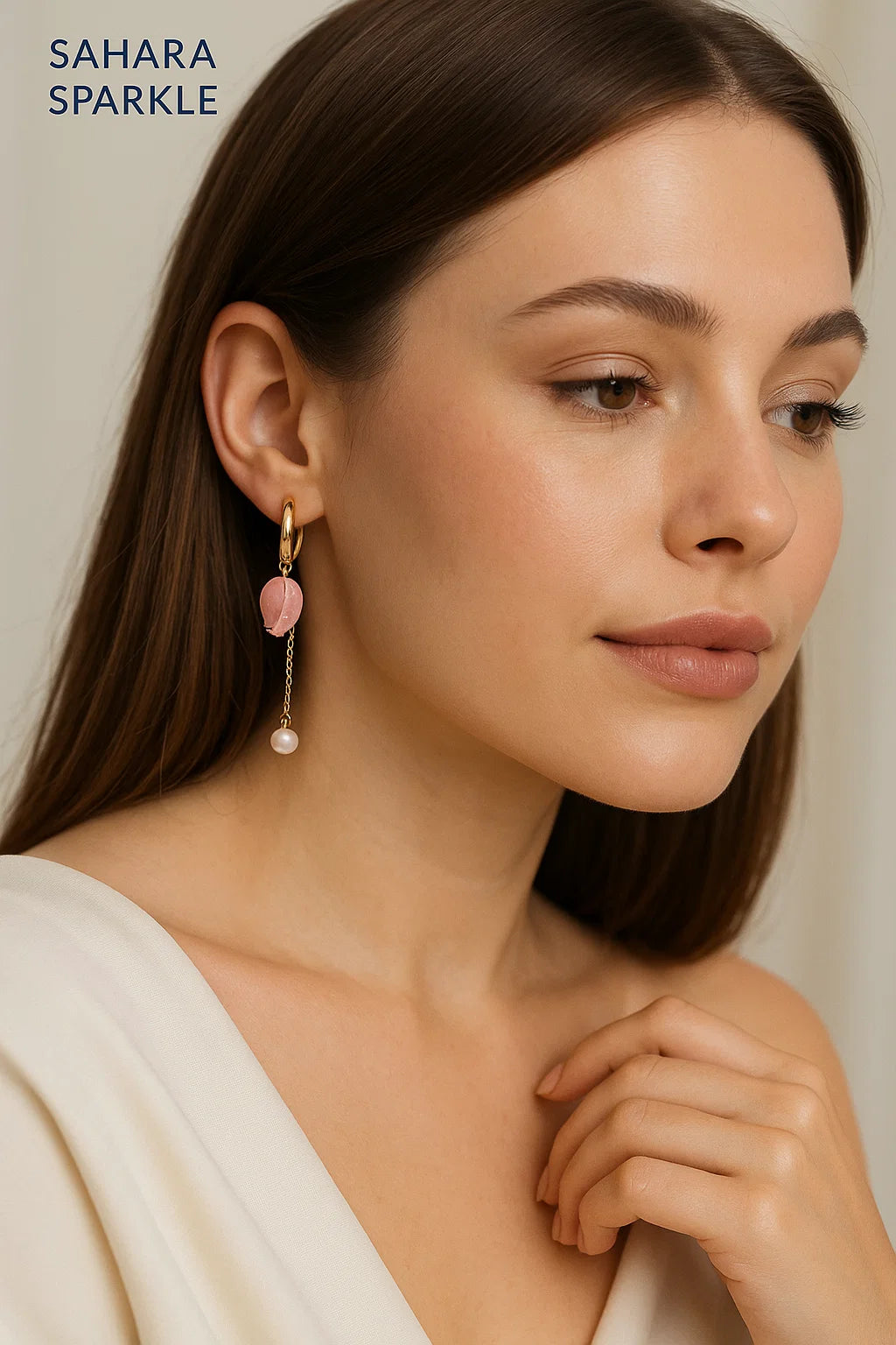Gold Petal & Pearl Drop Earrings for Women – Dainty Pink Stone & Pearl Dangle Hoops