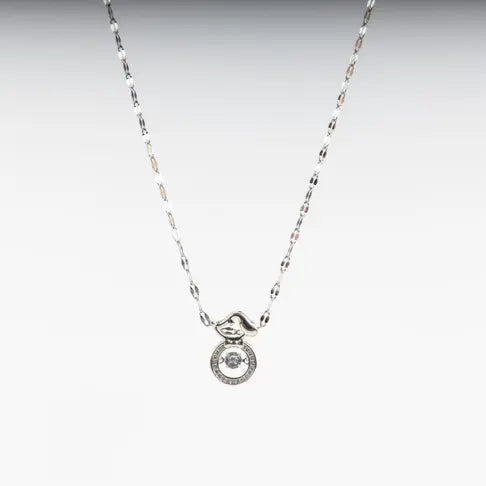 Silver necklace featuring a circular pendant with a central clear stone.