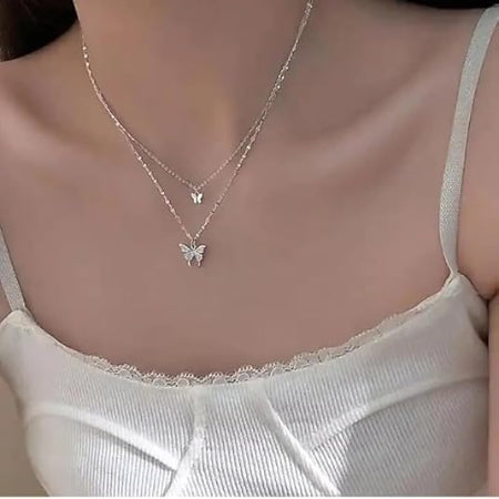 Silver Layered Butterfly Pendant Necklace for Women – Dainty & Elegant Jewelry