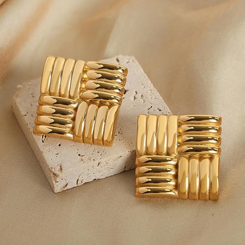 Gold woven square earrings, close-up.
