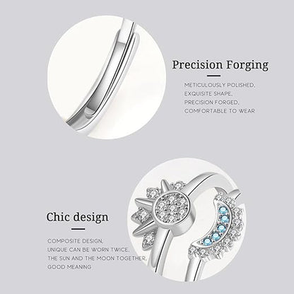 Celestial Sun & Moon Stackable Ring Set – Silver Crystal Sun & Blue Moon Ring for Women