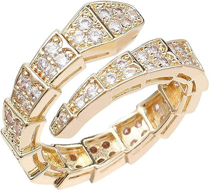 Gold snake ring with cubic zirconia stones, wrap style.