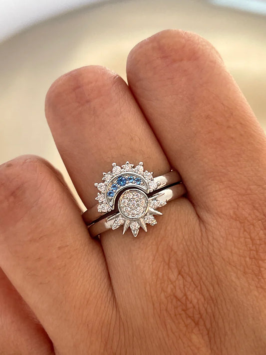 Celestial Sun & Moon Stackable Ring Set – Silver Crystal Sun & Blue Moon Ring for Women