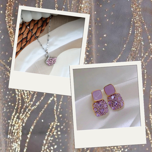 Swan necklace with pink accents and square purple rhinestone earrings.