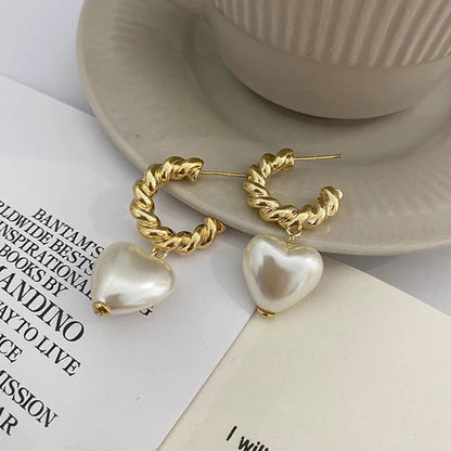 Twisted Hoop Earrings with Pearl Heart Drops – Statement Dangle Studs, Heart Charm Jewelry | SAHARA SPARKLE