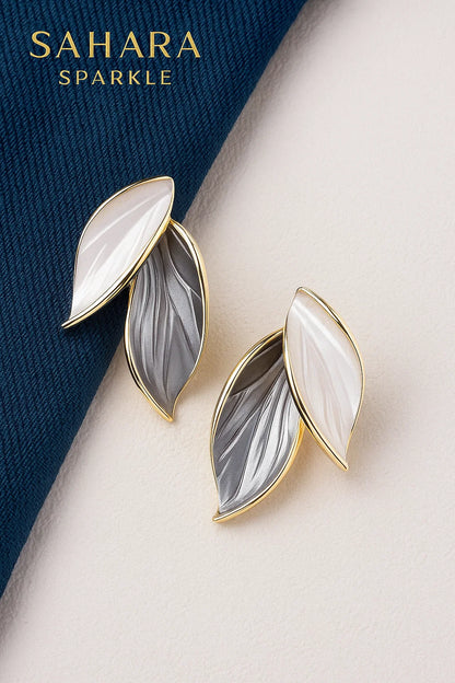 Dual-Tone Enamel Leaf Stud Earrings – Elegant Minimalist Jewelry for Women | SAHARA SPARKLE