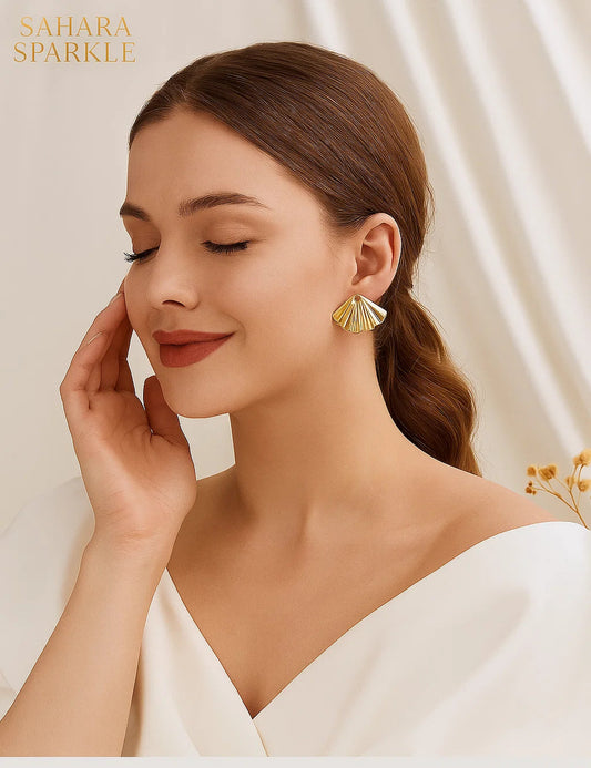 Golden Shell Stud Earrings – Ocean-Inspired Minimal Glam | SAHARA SPARKLE
