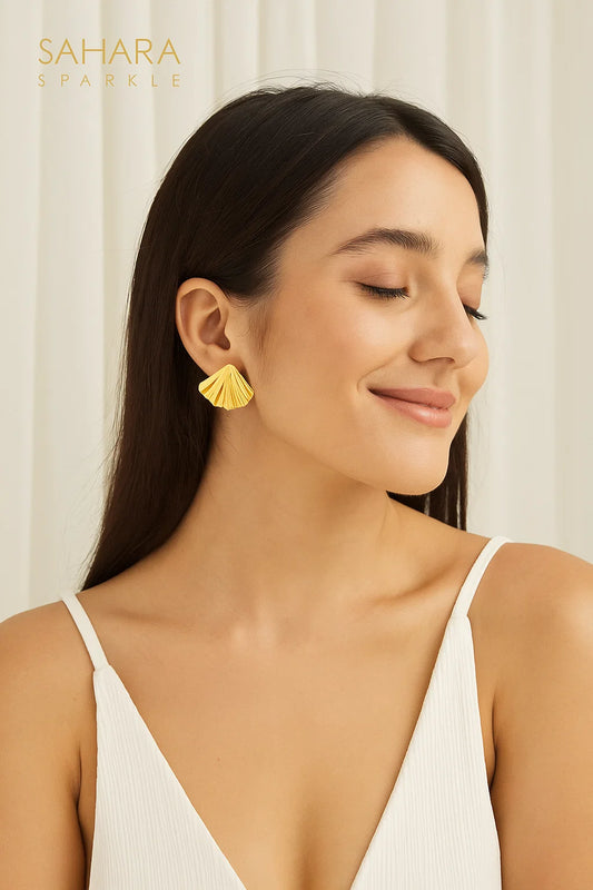 Golden Shell Stud Earrings – Ocean-Inspired Minimal Glam | SAHARA SPARKLE