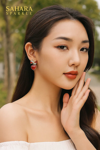 Ruby Heart Earrings - Bow Dangle Earrings with Crystals | SAHARA SPAKRLE