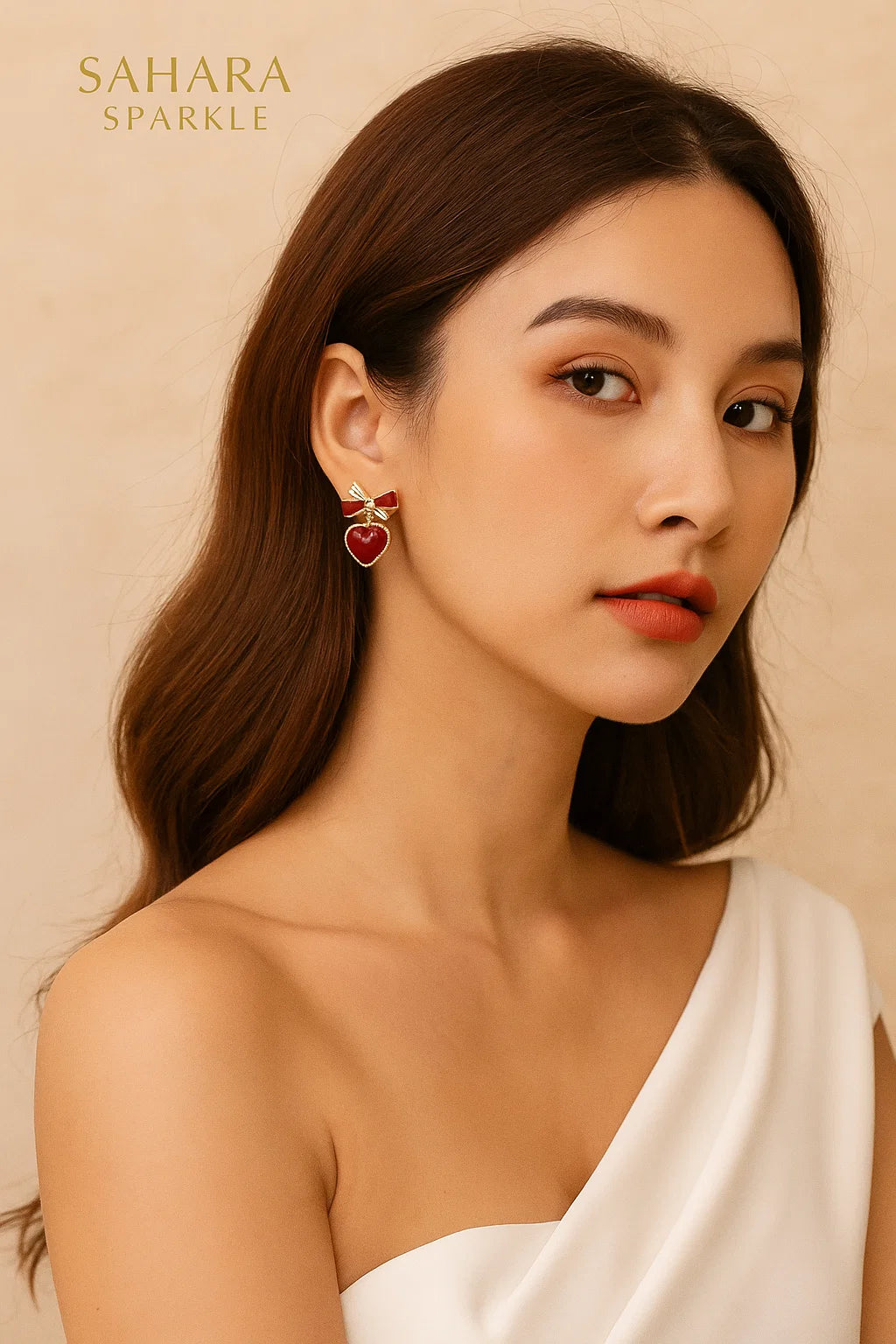 Ruby Heart Earrings - Bow Dangle Earrings with Crystals | SAHARA SPAKRLE