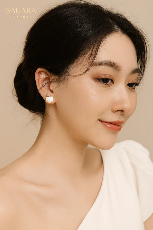 Glossy Enamel Apple Stud Earrings with Crystal Leaf – Cute Fruit-Inspired Everyday Jewelry