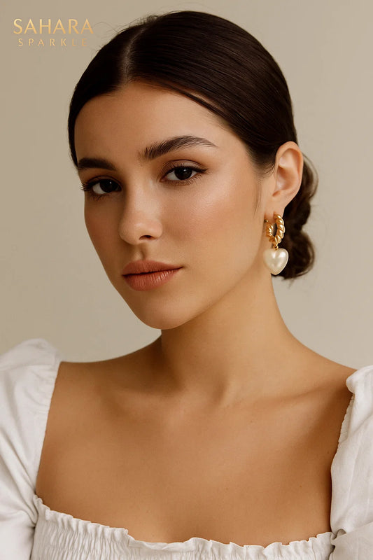 Twisted Hoop Earrings with Pearl Heart Drops – Statement Dangle Studs, Heart Charm Jewelry | SAHARA SPARKLE