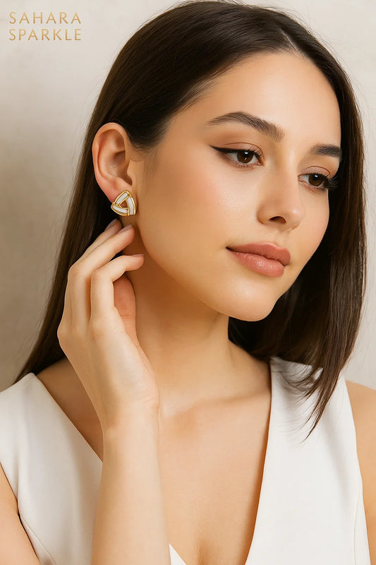 NEZE White Triangle Stud Earrings - Geometric Pearl-Like Finish | SAHARA SPARKLE