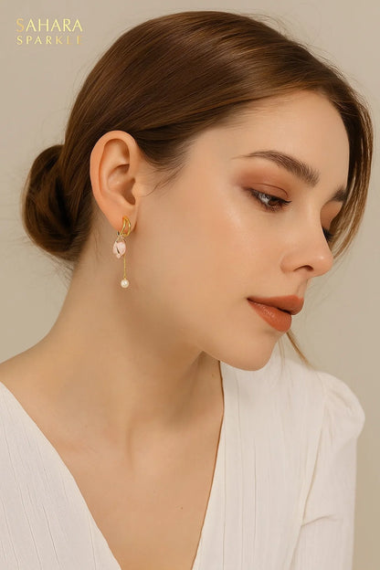 Gold Petal & Pearl Drop Earrings for Women – Dainty Pink Stone & Pearl Dangle Hoops