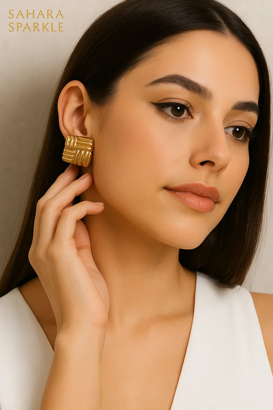 Gilded Harmony Stud Earrings - Geometric Woven Gold Plated Studs