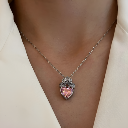 Crowned Pink Heart Crystal Pendant Necklace for Women – Silver Romantic Jewelry | SAHARA SPARKLE