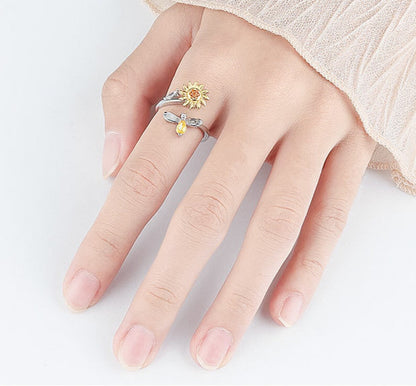 Sunflower & Bee Adjustable Ring – Sterling Silver Finish Cute Nature-Inspired Jewelry | SAHARA SPARKLE